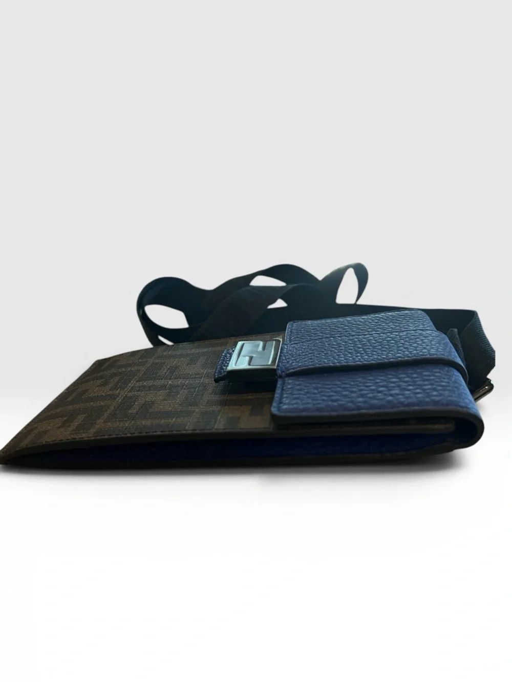 Fendi FF Zucca Phone Crossbody Bag Blue Leather